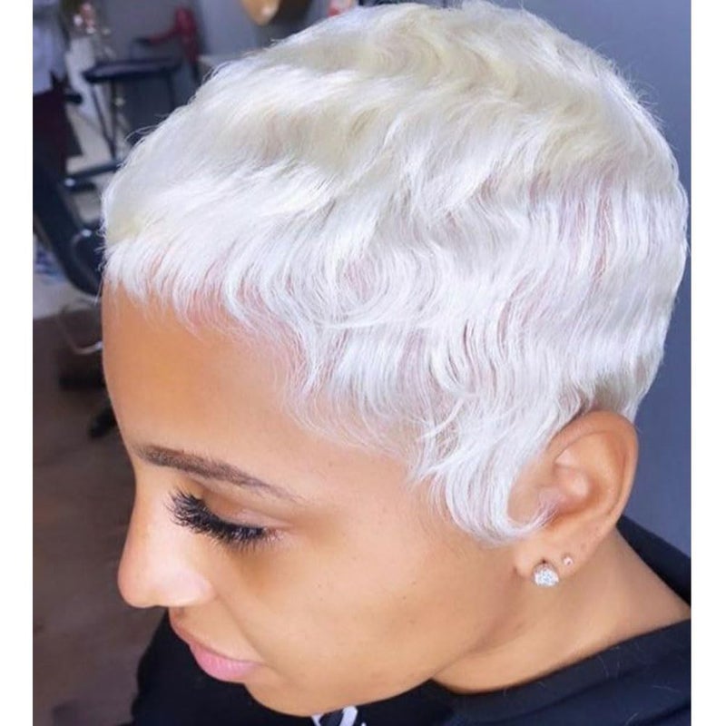 MOONSHOW Short White Pixie Wigs for Women Pixie Cut Wig Short Pixie Cut Wigs for Black Women Layered Synthetic Heat Resistant Pixie Wig for Party Cosplay Use